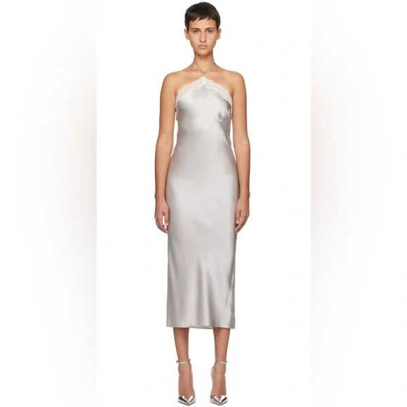 reformation grey dress Reformation Casette Silk Shale Grey Cowl Neck Midi Dress – The Closet New  York main image 0